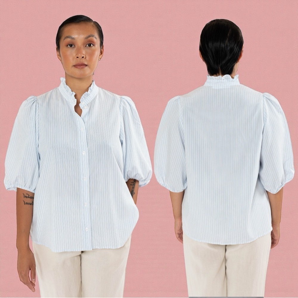 SAMSOE SAMSOE Women’s Suzia Blouse In Ibiza St. Striped Button Down Blouse Sz L
